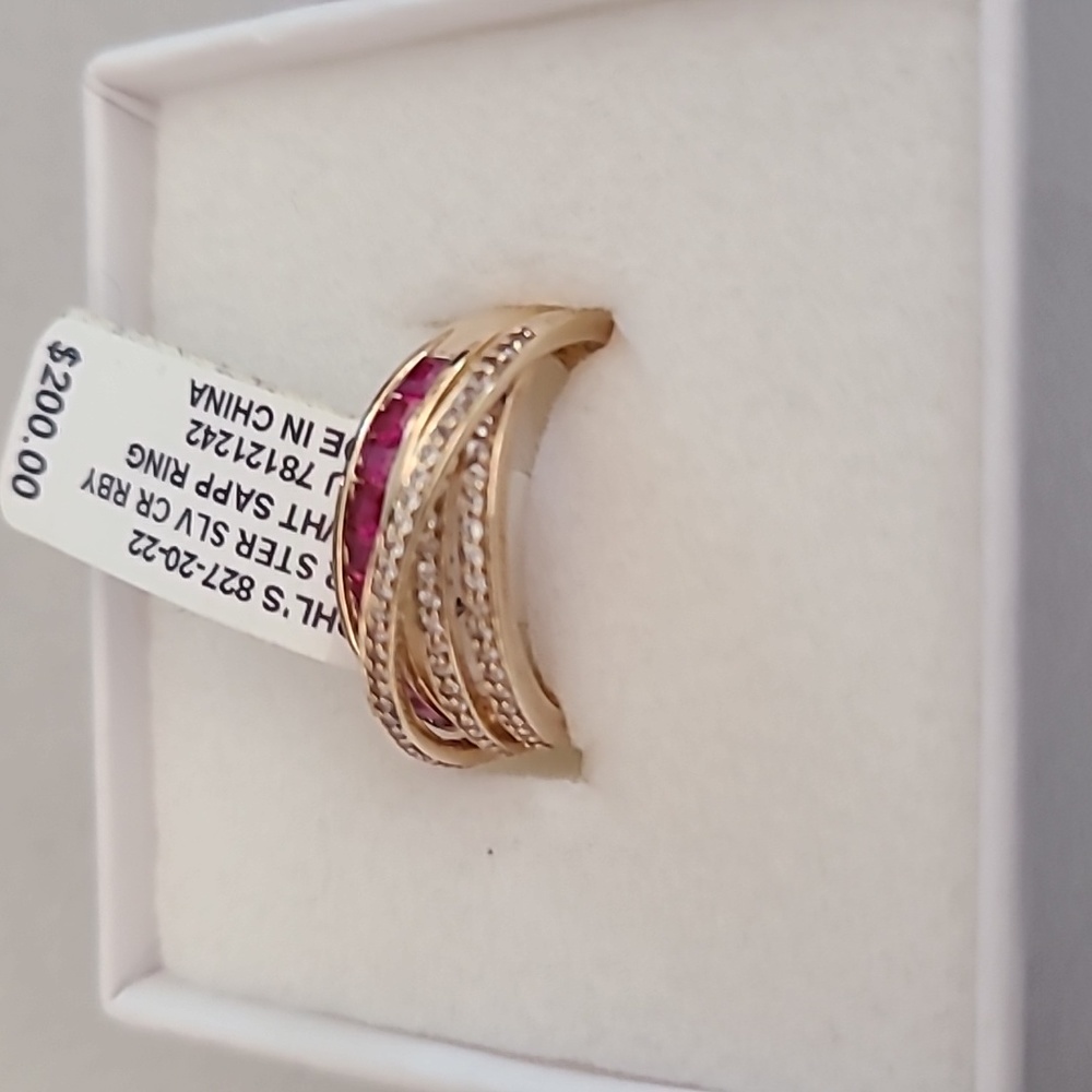 FINE JEWELRY 14K OVER STERLING SILVER CREATED RUBY & WHITE SAPPHIRE RING SIZE 7